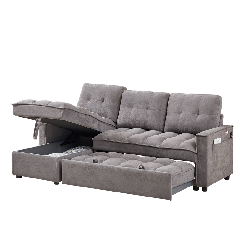 78.75" Reclining Sofa, Pull-Out Sofa Bed with USB and tape-c charging ports, L-Shaped Sectional Sofa with Reclining Storage and Arm Side Organizer Pocket Features, Living Room Comfort Sofa