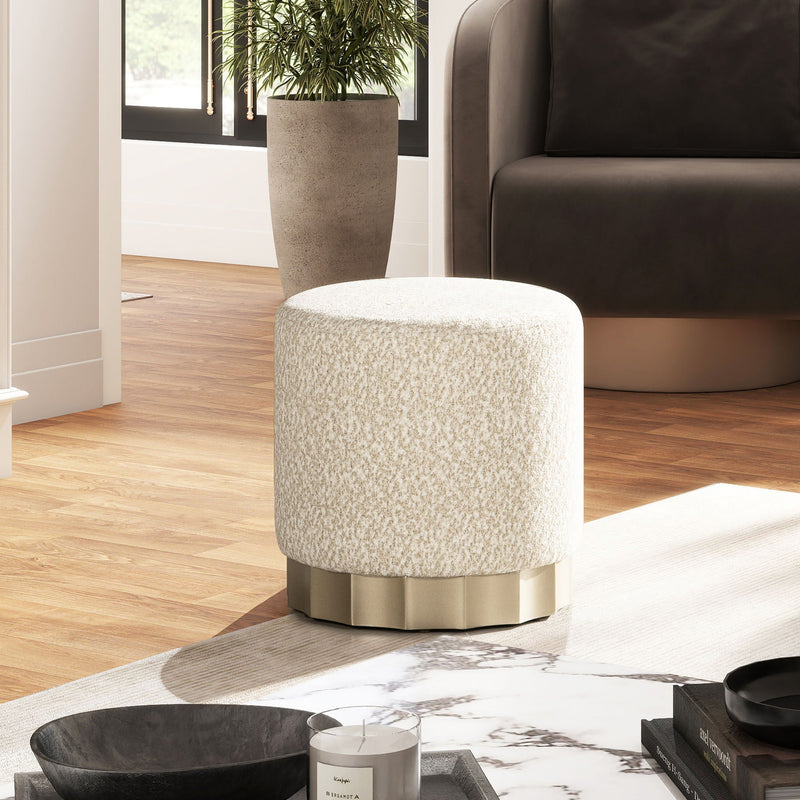 Hampton - Round Upholstered Ottoman With Scalloped Base - Speckled Egg Beige, photo 5 of 7