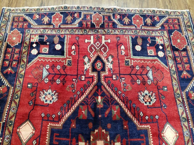 Antique Persian Zanjan Nahavand Heriz Rug, Red & Blue, Hand-Knotted, 5' x 9' 7"