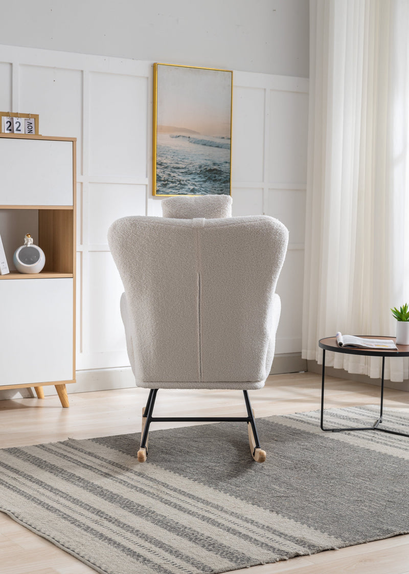 35.5 inch Rocking Chair with Pocket, Soft Teddy Fabric Rocking Chair for Nursery, Comfy Wingback Glider Rocker with Safe Solid Wood Base for Living Room Bedroom Balcony (white)
