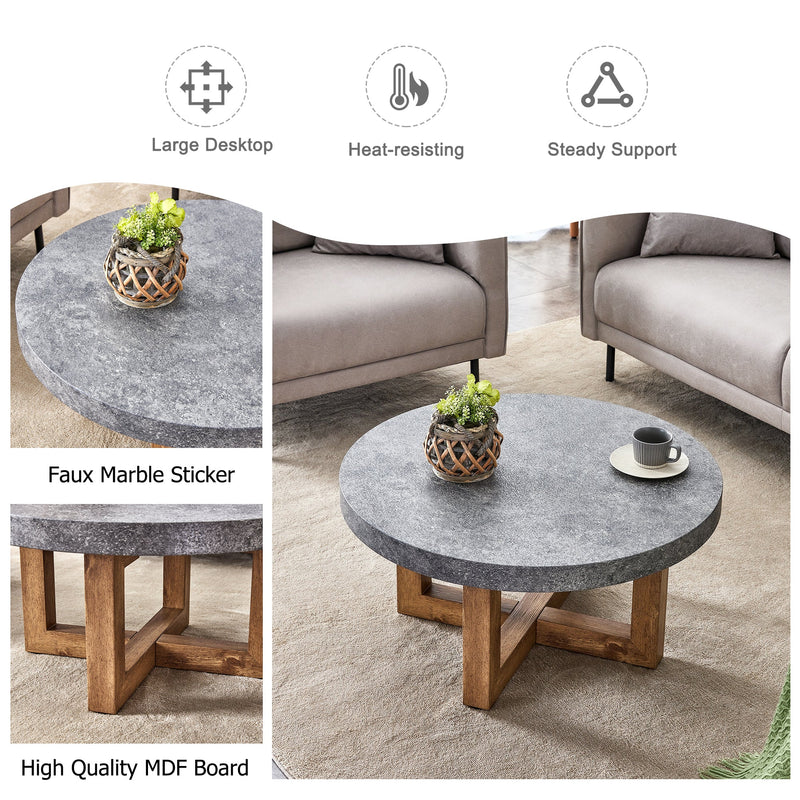 A modern retro circular coffee table with a diameter of 31.4 inches, made of MDF material, suitable for living rooms