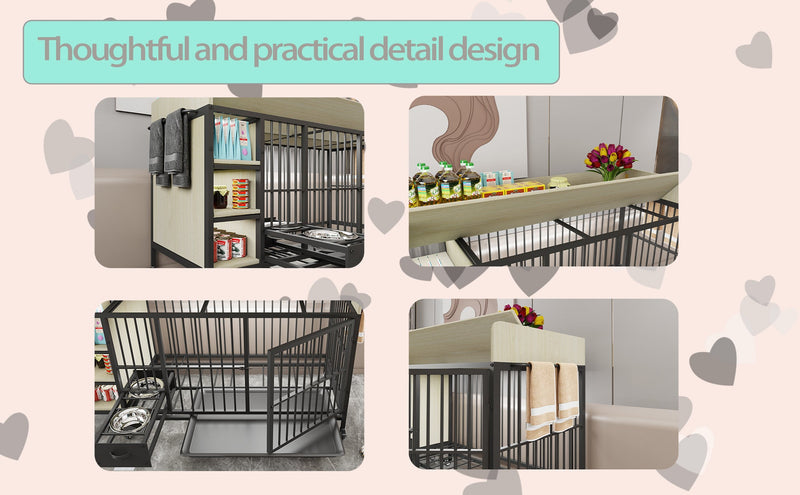 Large pet cage with storage rack, drawers with stainless steel food and water basin, made of iron frame and MDF material, sturdy, exquisite, and practical (black+beige)