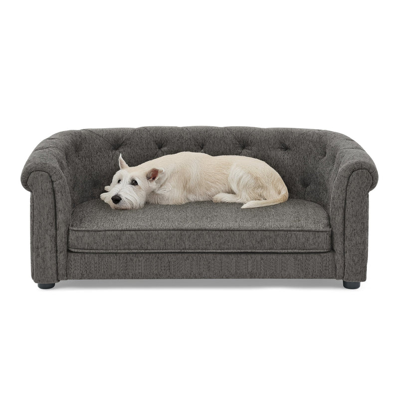 Contemporary Dark Grey Pet Sofa with Arc-Shaped Backrest and Armrests, Breathable Linen and Cozy Soft Cushion for Dogs