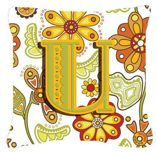 Letter U Floral Mustard and Green Canvas Fabric Decorative Pillow CJ2003-UPW1414