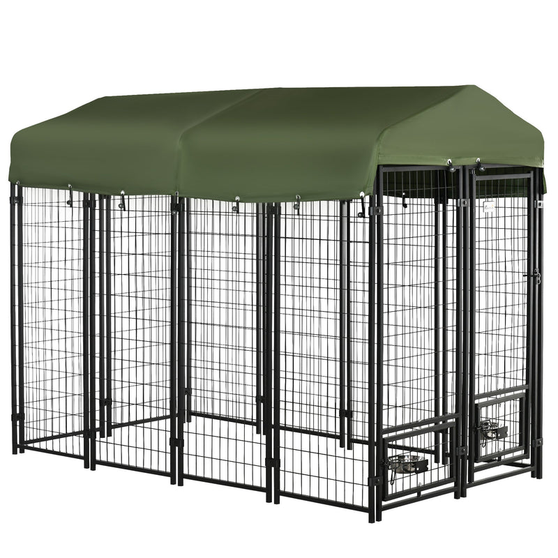 8' x 4' x 6' Dog Kennel Outdoor with Rotating Bowl Holders, Walk-in Pet Playpen, Welded Wire Steel Dog Fence with Water-and UV-Resistant Canopy, Green