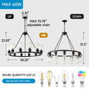 12-Light Black Wagon Wheel Chandelier, 31.5" Modern Farmhouse Glass Pendant
