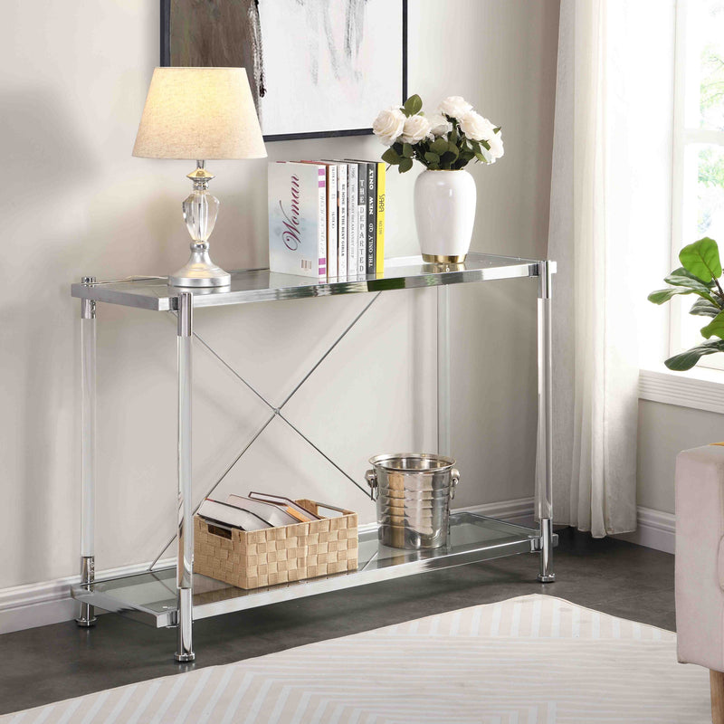43.31" Chrome Glass Sofa Table, Acrylic Side Table, Console Table for Living Room& Bedroom
