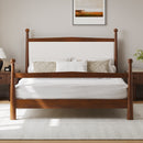 Mid-Century Modern Queen Size Solid Pine Wood Platform Bed with Upholstered Headboard in Boucle, No Box Spring Needed, Brown