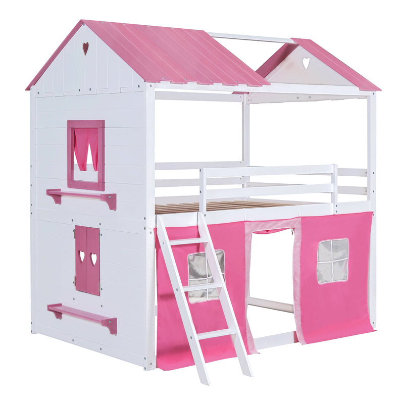 Full Size Bunk Wood House Bed with Elegant Windows, Sills and Tent, Pink+White