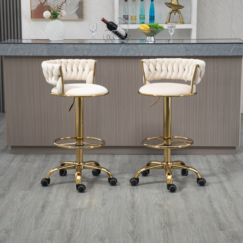 360 Adjustable Barstools Set of 2, Ergonomic Drafting Chair with Round Footrest and Backrest, Swivel Rolling Wheels for Spa, Studio, Classroom, Lab, Counter, Salon, Ivory