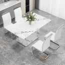 A simple dining table. A dining table with a white marble pattern. 4 PU synthetic leather high backrest cushioned side chairs with C-shaped silver metal legs. DT-SQ-16090-wh