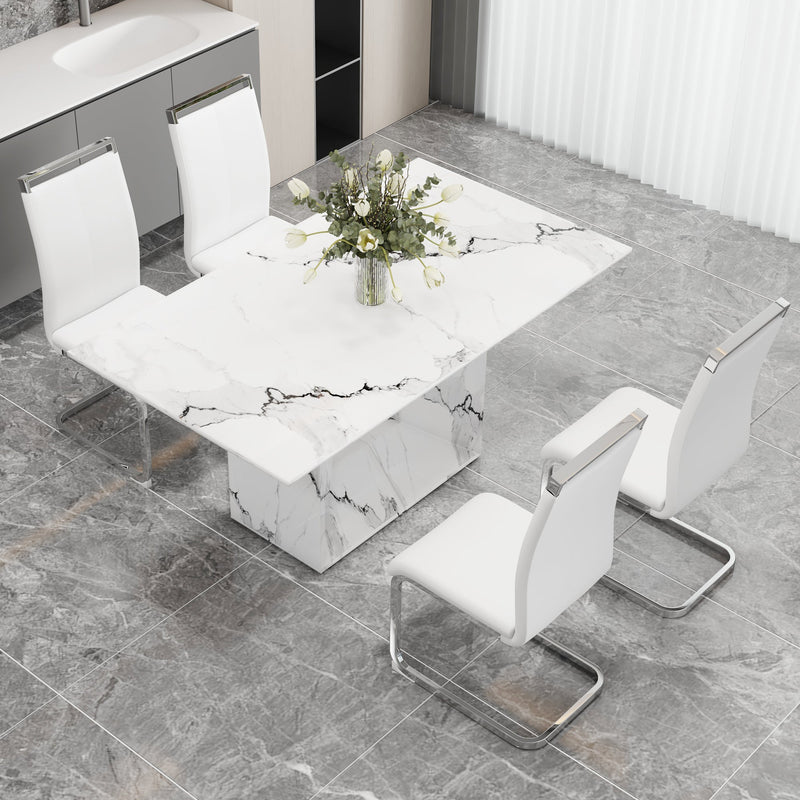 A simple dining table. A dining table with a white marble pattern. 4 PU synthetic leather high backrest cushioned side chairs with C-shaped silver metal legs. DT-SQ-16090-wh