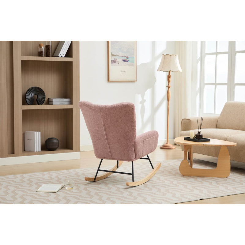 Modern Nursery Rocking Chair Upholstered Glider Chair with High Backrest Rocker Accent Armchair with Solid Wood Legs for Nursery Bedroom Living Room Teddy(Pink)