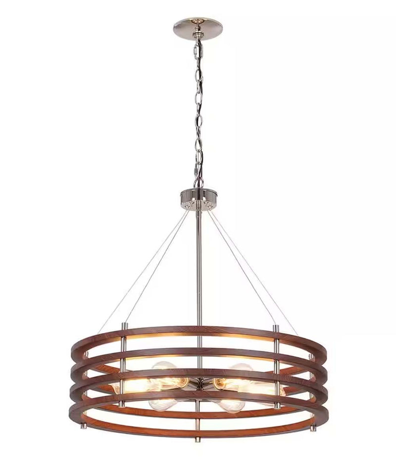 Catalina 24"W 6-Light Polished Nickel Drum Modern Pendant Mahogany Wood Finish Shade