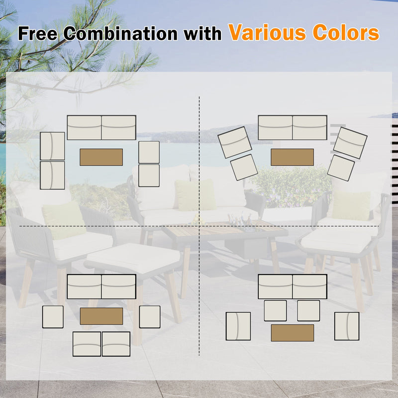 6-Piece Rope Patio Furniture Set, Outdoor Furniture with Acacia Wood Cool Bar Table with Ice Bucket, Deep Seat Patio Conversation Set with Two Stools for Backyard Porch Balcony (Black & Beige)