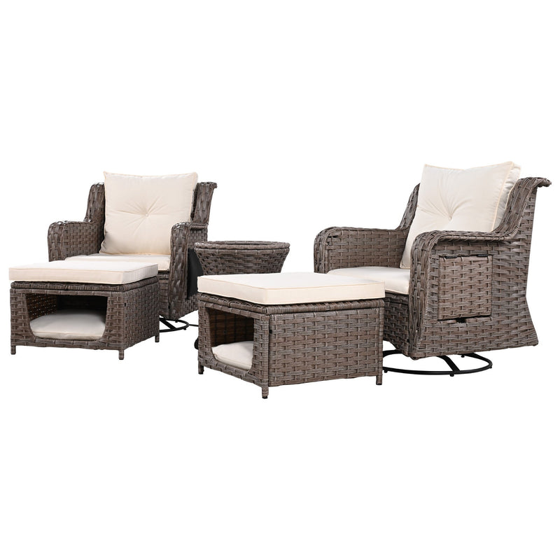 5 Pieces Outdoor Patio Furniture Set with Pet House Cool Bar and Retractable Side Tray, Rattan Wicker Patio Swivel Rocking Chairs Set of 2 with Ottomans for Backyard, Porch, Balcony, Beige