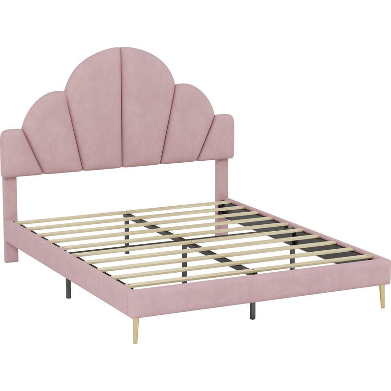Queen Size Upholstered Bed Frame with Elegant Design, Modern Velvet Platform Bed with Petal Shape Headboard,Pink