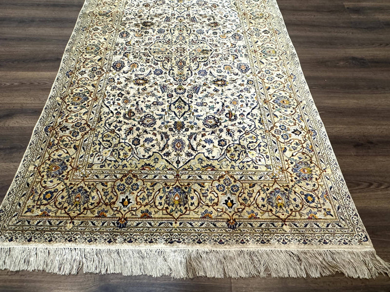 Rare Silk Persian Kashan Rug 4.6 x 7, Antique Fine 310 KPSI, Ivory