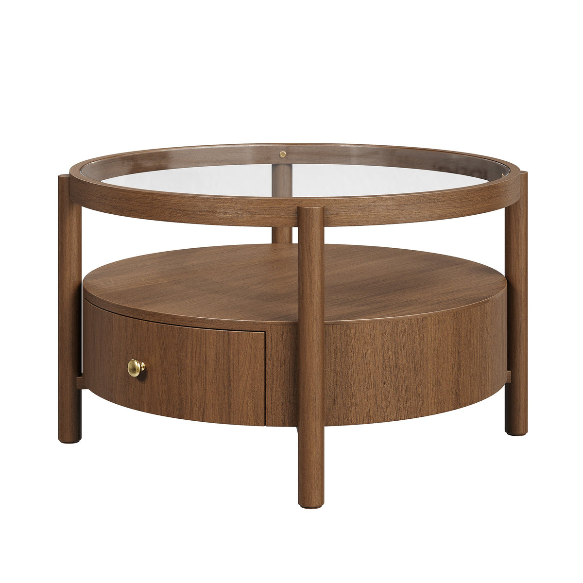 Solid Wood Round Glass Top Coffee Table with Storage Drawer, photo 8 of 10