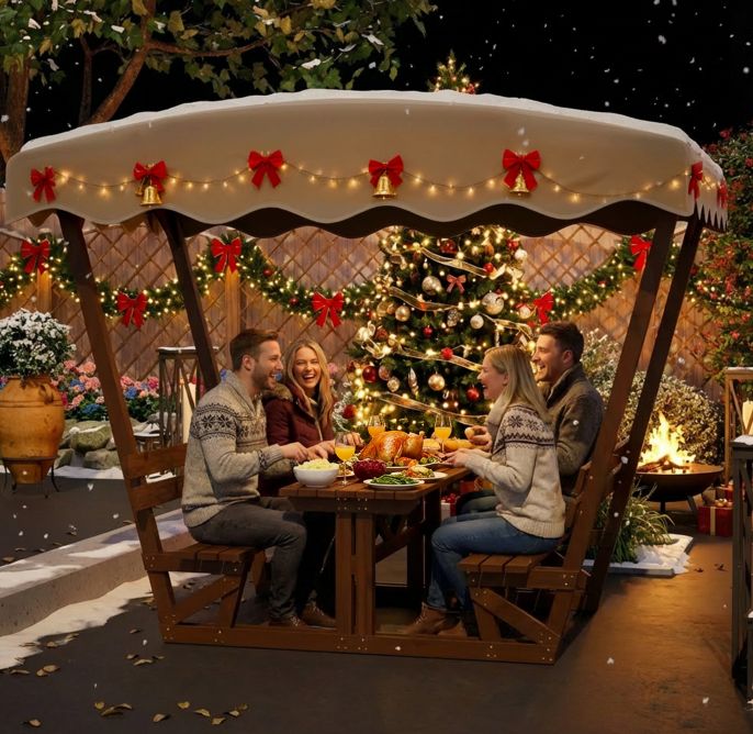 Outdoor Waterproof Solid Wood Picnic Table and Bench Set with Removable Canopy, photo 10 of 10