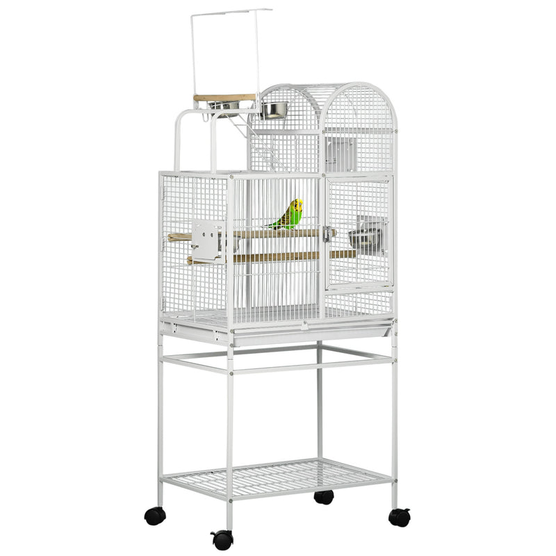55" Large Parrot Cage with Toy Hooks Above Top Bird Perch, Tray, Food Cups, Rolling Stand, Bird Cage for Cockatiels, Parakeets, Lovebirds