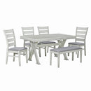 6-Piece Retro 59"L Rectangular Dining Table Set, Table with Unique Legs and 4 Upholstered Chairs & 1 Bench for Dining Room and Kitchen (White)