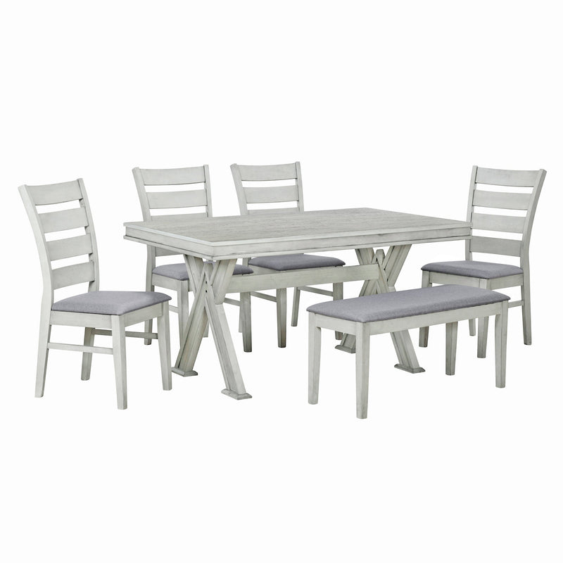 6-Piece Retro 59"L Rectangular Dining Table Set, Table with Unique Legs and 4 Upholstered Chairs & 1 Bench for Dining Room and Kitchen (White)