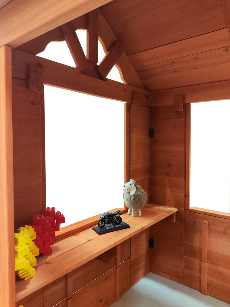 All Wooden Kids Playhouse with 2 windows and flowerpot holder,42"Lx46"x55"H,Golden Red