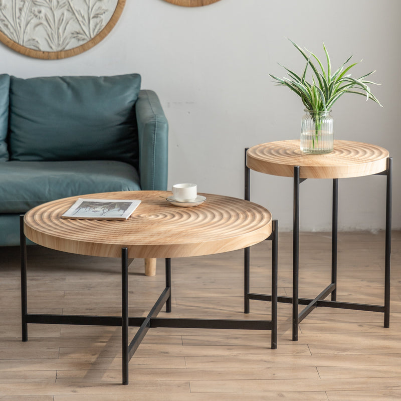 33" Modern Thread Design Round Coffee Table, MDF Table Top with Cross Legs Metal Base