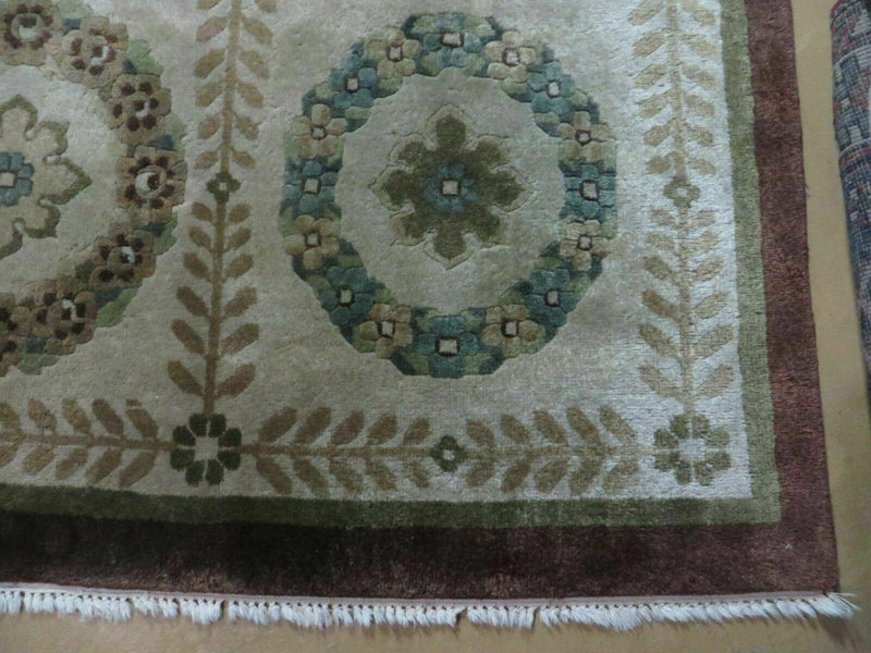 9' X 12' Modern Handmade Indo Lahore Wool Rug Art Deco Olive Ivory Nice Wow