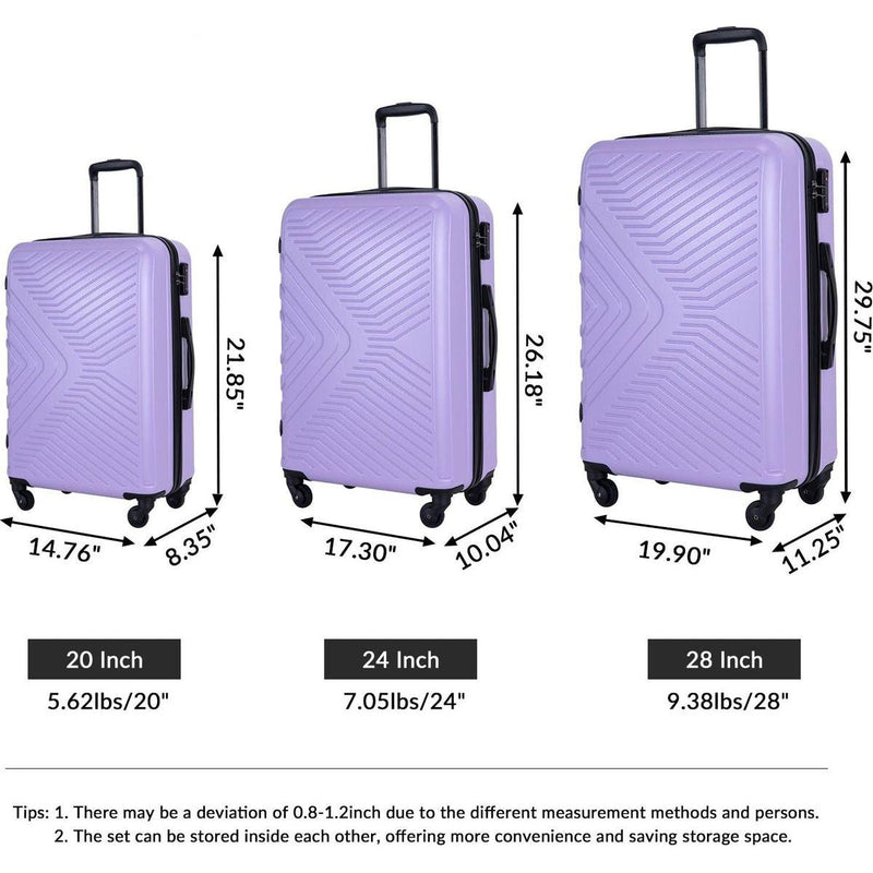3 Piece Luggage Sets ABS Lightweight Suitcase with Two Hooks, Spinner Wheels, TSA Lock, (20/24/28), LIGHT PURPLE