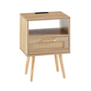 15.75" Rattan End Table With Power Outlet & USB Ports, Modern Nightstand With Drawer And Solid Wood Legs, Side Table For Living Room, Bedroom by HouseOfZazla
