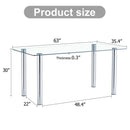 A modern minimalist style glass dining table. Transparent tempered glass tabletop with a thickness of 0.3 feet and silver metal legs. Suitable for restaurants and living rooms. 63 "x 35.4" x 30"