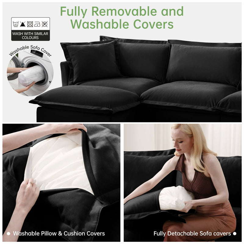 Slipcovered U Shape Sectional Deep Seat Sofa Couch, 3 Seater Sofa with French Edges Design Multiple Big Pillows, Modular Deep Seat Sectional Sofa Comfy Cloud Couch for Living Room, Apartment,Chenille