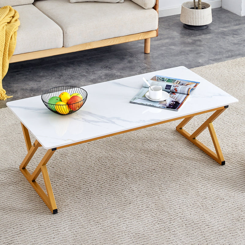 A modern minimalist style white marble patterned coffee table with golden metal legs. Computer desk. Game table. Tea table. CT-XX