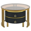 27.5" & 19.6" Stackable Coffee Table with 2 Drawers, Nesting Tables with Brown Tempered Glass and High Gloss Marble Tabletop, Set of 2, Round Center Table for Living Room, Black