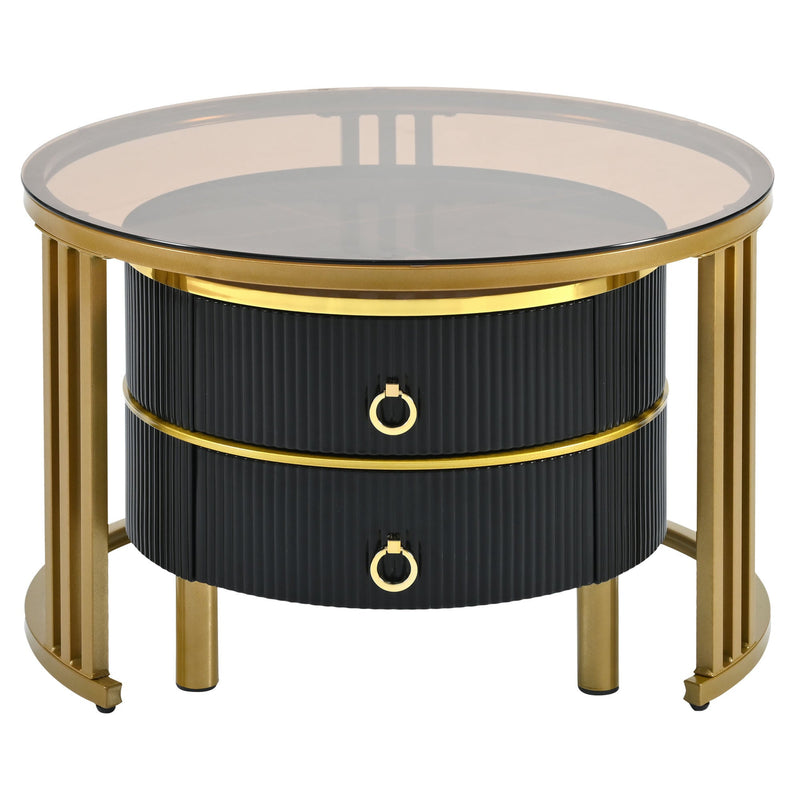 27.5" & 19.6" Stackable Coffee Table with 2 Drawers, Nesting Tables with Brown Tempered Glass and High Gloss Marble Tabletop, Set of 2, Round Center Table for Living Room, Black