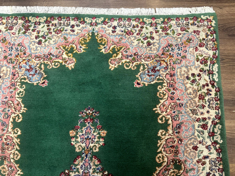 Green Persian Kerman Rug 4x6, Semi Open Field, Green & Cream, Vintage