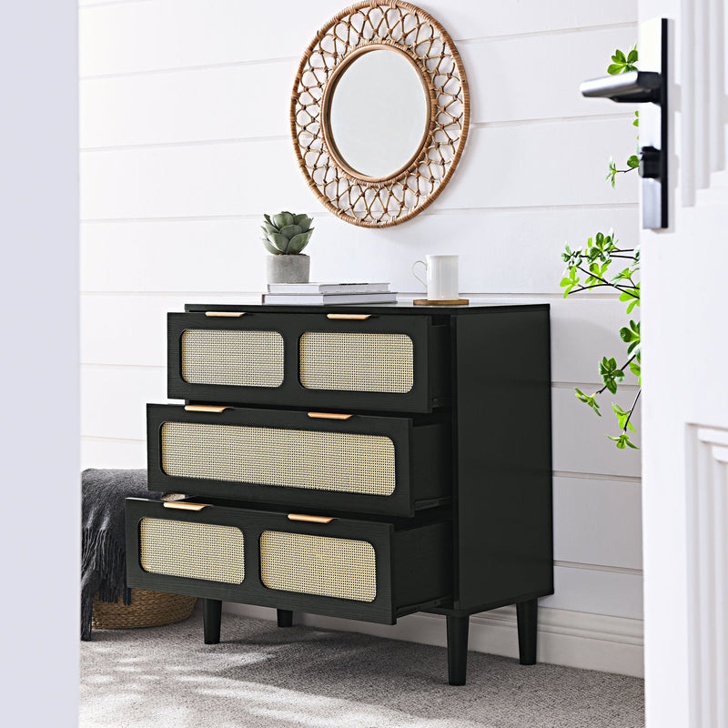 3 drawer dresser, modern rattan dresser cabinet with wide drawers and metal handles, farmhouse wooden storage chest of drawers for room, living room, hallway, entrance, office