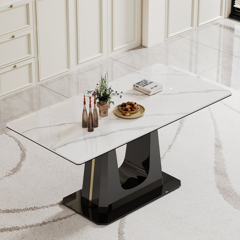 0.47" Thick Sintered Stone Composite Tempered Glass Top Rectangular Dining Table with Black Stainless Steel Base