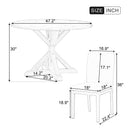 5-Piece Farmhouse Style Dining Table Set, Marble Sticker and Cross Bracket Pedestal Dining Table, and 4 Upholstered Chairs (White+Gray)