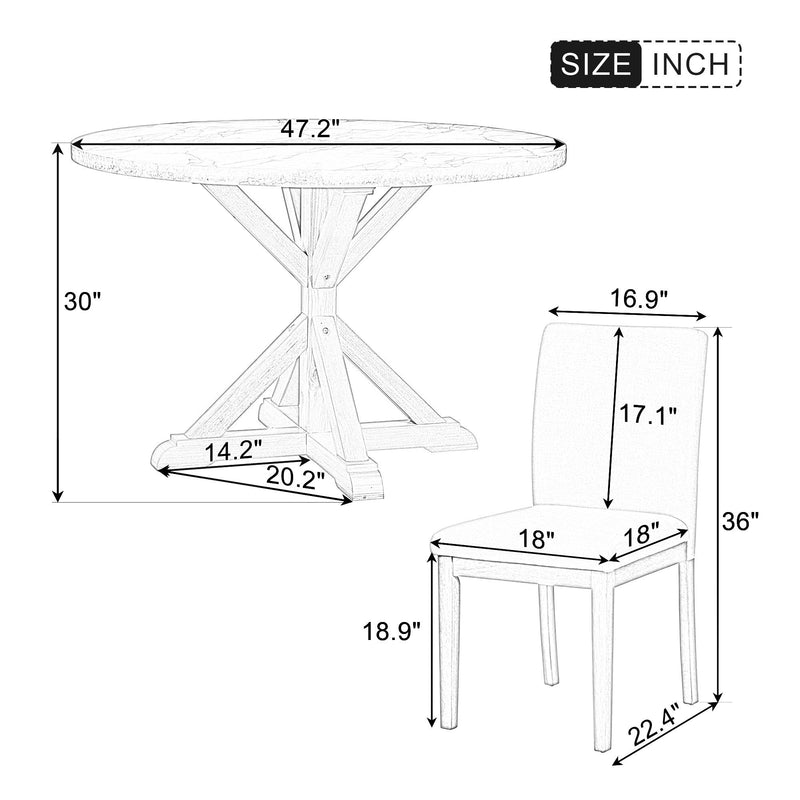 5-Piece Farmhouse Style Dining Table Set, Marble Sticker and Cross Bracket Pedestal Dining Table, and 4 Upholstered Chairs (White+Gray)