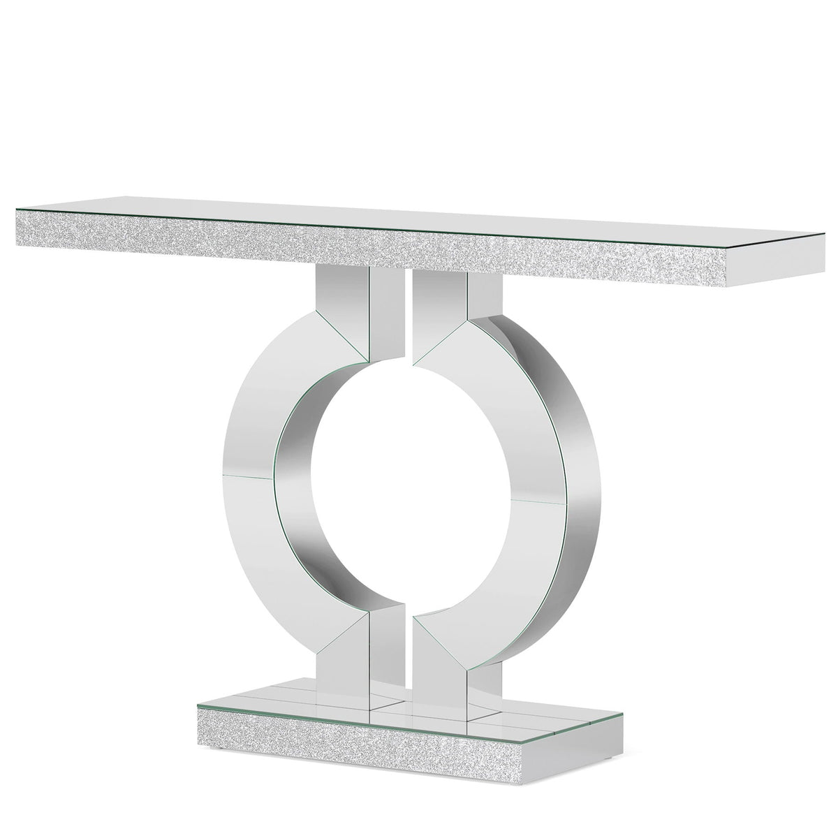 Mirrored Console Table With O-Shaped Base For Living Hallway - Silver / Clear