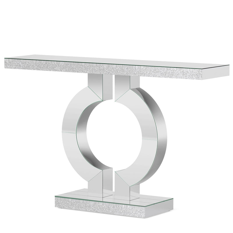 Mirrored Console Table With O-Shaped Base For Living Hallway - Silver / Clear