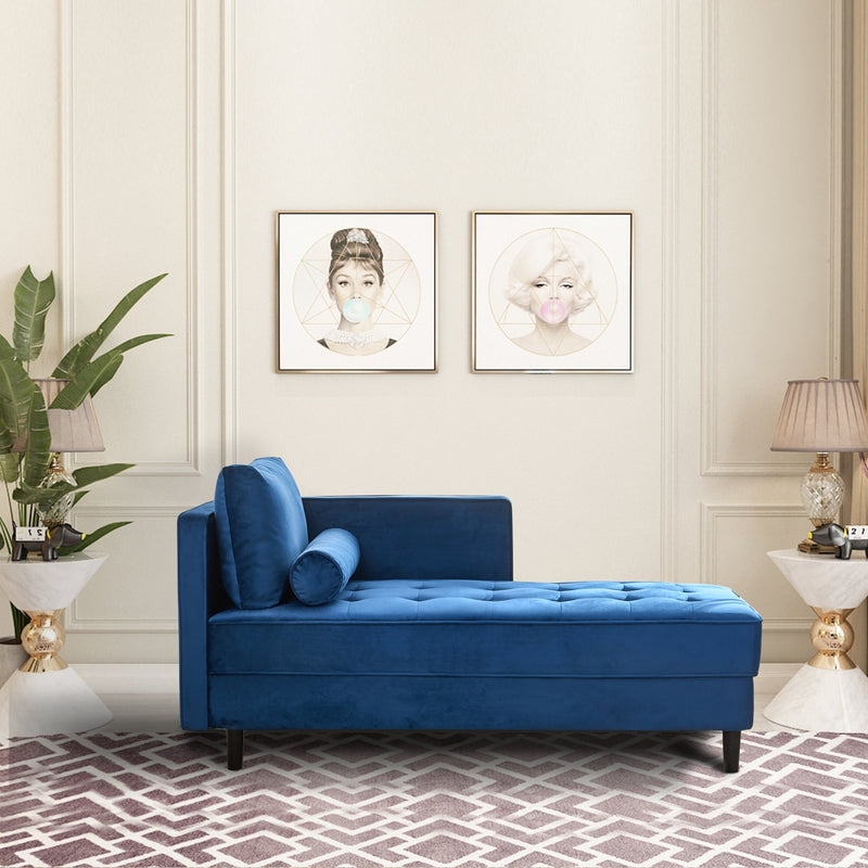 64" Velvet Chaise, Mid-Century Modern Chaise Furniture, Sleeper for Living Room, Apartment, Tool-Free Assembly. (Blue)