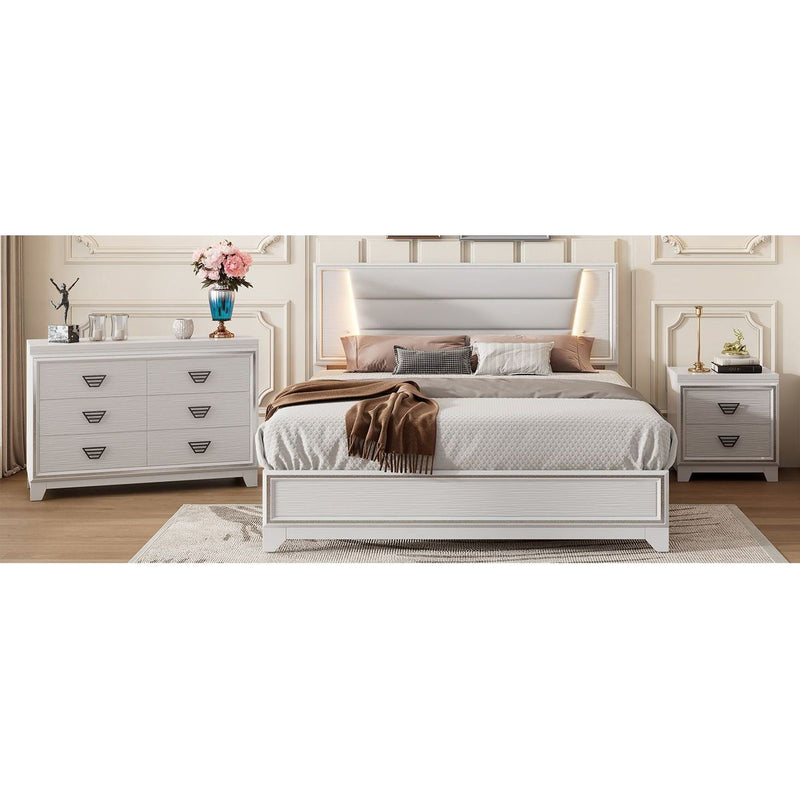 3-Pieces Bedroom Sets Queen Size Upholstered Bed with LED Lights, Nightstands and Dresser with Metal Handles and Sparkling Shiny Decoration, White