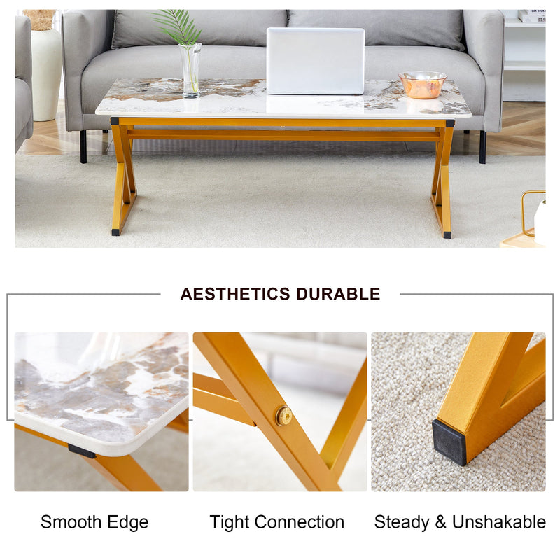 A modern minimalist style marble patterned coffee table with golden metal legs. Computer desk. Game table. Tea table. CT-XX