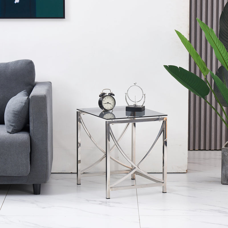 3 Pieces Silver Square Nesting Glass End Tables- Small Coffee Table Set- Stainless Steel Small Coffee Tables with Dark Gray Tempered Glass- 18" Modern Minimalist Side Table for Living Room (Curve)