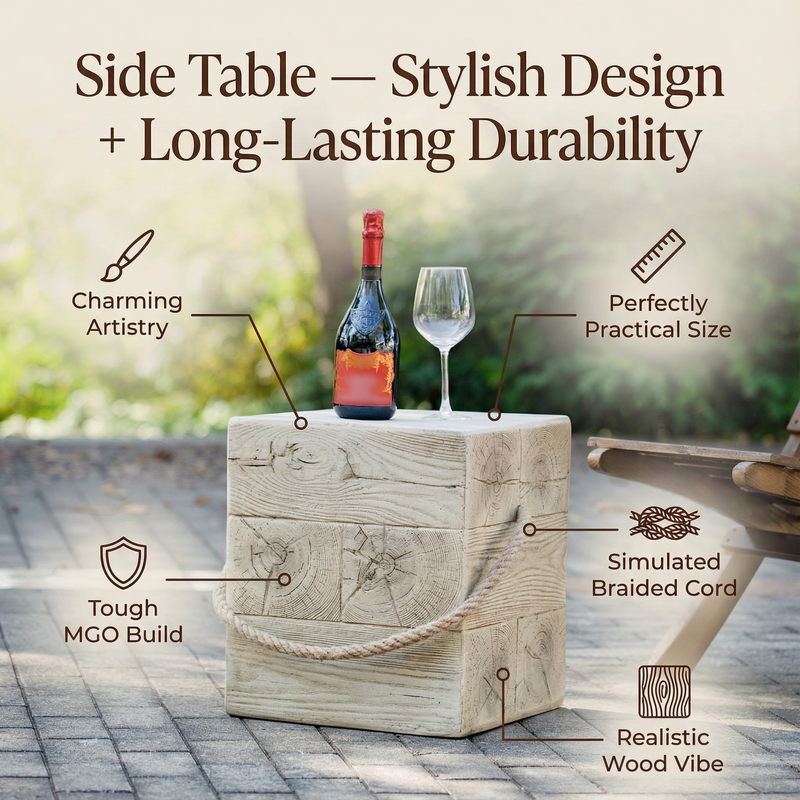 Outdoor Wood Grain Square MGO Side Table with Simulated Braided Cord, photo 6 of 10