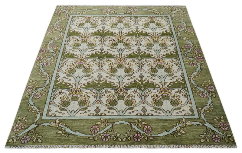 8.6x10 Hand Knotted Ivory and Green Floral Traditional Antique Style Wool Area Rug